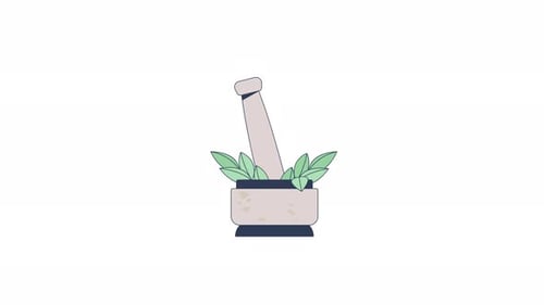 Grinding fresh herbs with mortar pestle 2D cartoon object animation
