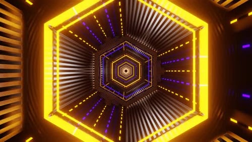 Purple And Yellow Neon Glowing Hexagon Futuristic Corridor Background Vj Loop In HD