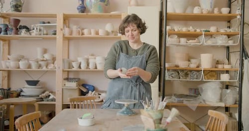 Happy Female Artist Crafting in Pottery studio using Hands and Clay