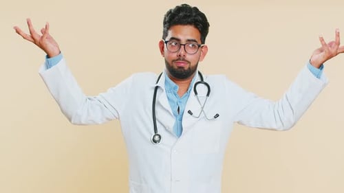 Confused Doctor Man Feeling Embarrassed About Question Having Doubts No Answer Clueless Uncertain