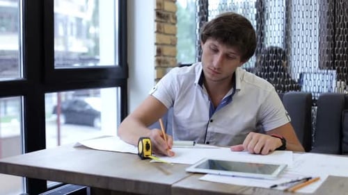 The architect is working on a construction project in the office.