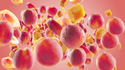 Dynamic Fresh Peaches, Slices, and Cubes Falling
