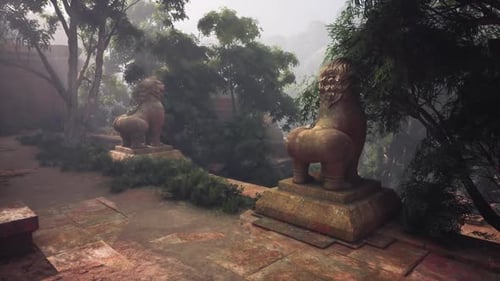 Ancient Temple Guardians in the Lush Jungle of Myanmar at Dawn