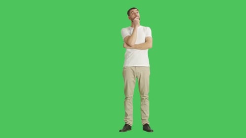 Long Shot of a Casual Man Looking Around Amused and Making Touching Chin Thinking Gesture. Shot on