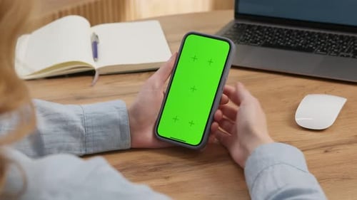 Girl Swipe Turn on Cell Phone Tap Middle Center Green Screen Display at Office