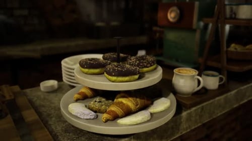 Modern 3D Animation of Delicious Pastries on a Display Stand