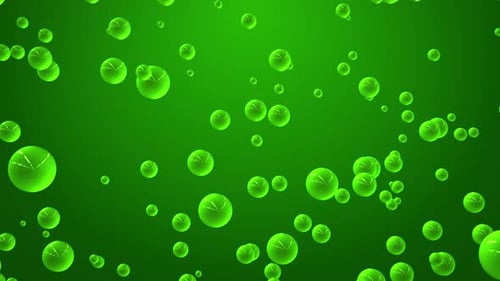 Seamless looped organic screensaver with transparent green bubbles floating up on a shiny background