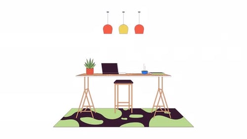Bartisch mit Laptop in der Büroinnenlinie, 2D-Objektanimation