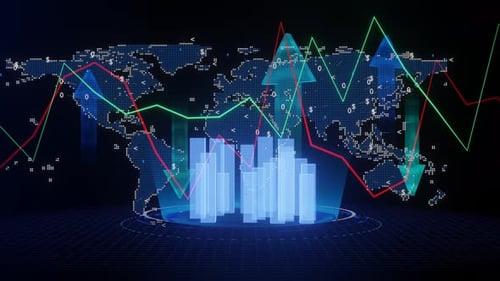 Concepto mundial de intercambio económico global y mercado de divisas con gráficos y orejas financieros digitales en crecimiento