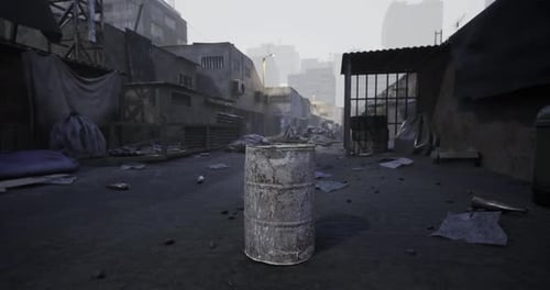 Urban Decay in a Desolate Street Filled with Debris During Daylight