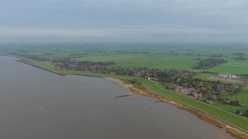 Aerial view of Brokdorf village on the Elbe River in northern Germany