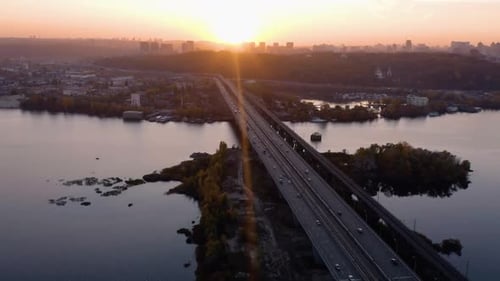 Aerial Perspective View of City Bridge Over the River