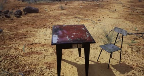 3D Animation of Worn Table and Chair in Desolate Landscape