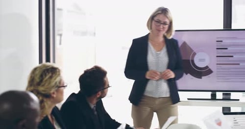 Education, training and learning on screen in business boardroom meeting to analyze data