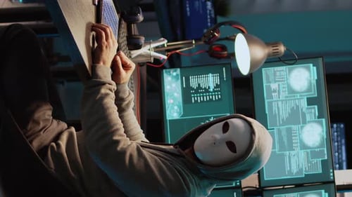 Vertical Video Male Criminal Wearing Mask and Hood to Hack Computer System