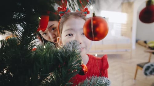 Child and Young Adult Decorating Christmas Tree