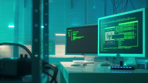 Computer Screen with Green Lines of Program Codes and Red Window with Access Denied Warning