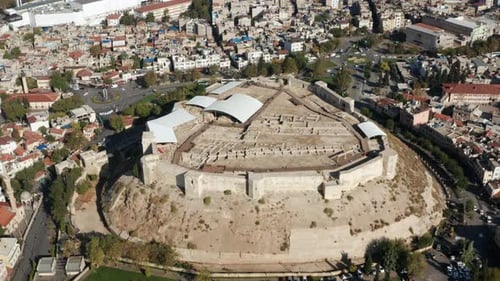 Aerial View Of Historical Gaziantep Castle In Turkey - drone shot