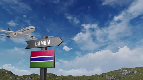 Gambia Flag With Airplane And Arrow Sign