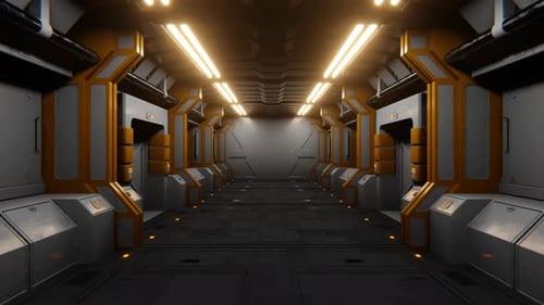 Seamless Loop Motion Graphic of Flying into Sci-Fi Spaceship Hallway