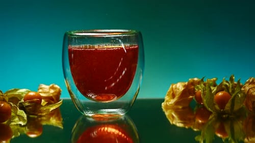Still Life with Cognac Stock clipOrange Background with a View of an Alcoholic Carbonated Drink and