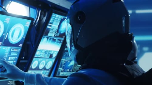 Team of Astronauts in a Space Suits Aboard the Orbital Station A Crew of Cosmonauts Piloting the