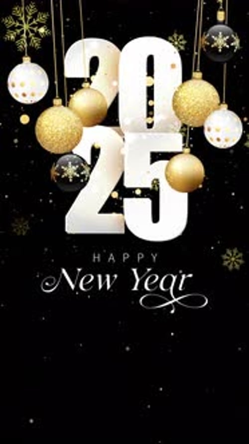 Happy New Year 2025 Animated Greeting with Gold Ornaments