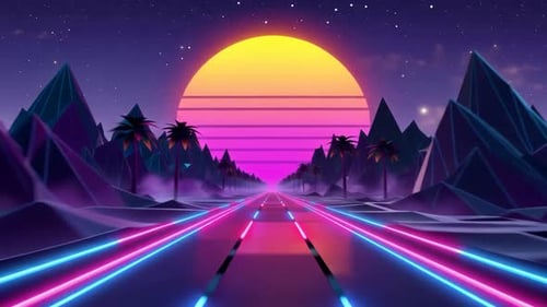 Retro Sunset Drive Neon Mountain Road Palm Trees