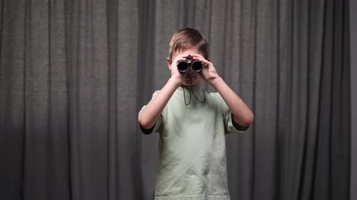Curious Child Boy Exploring with Binoculars Discovering New Worlds
