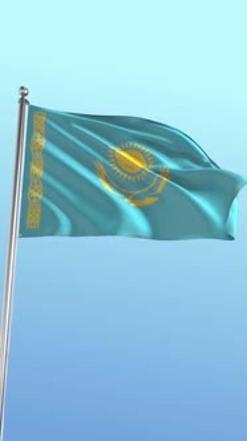 Waving Kazakhstan Flag Against Blue Sky