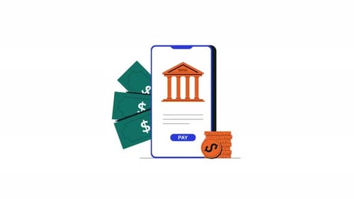 4k Smartphone with Bank Building and Money. Mobile Banking Concept Animation Video