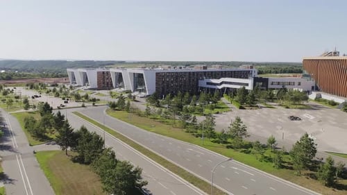 Buildings of Business Center at Suburban Site on Sunny Day