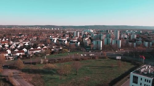 Air view of a technical commerce Park with view on the city in Germany, Europe