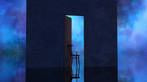 Wall and an Open Door Against the Backdrop of Outer Space Stars and Galaxies Surrealism A Chair with