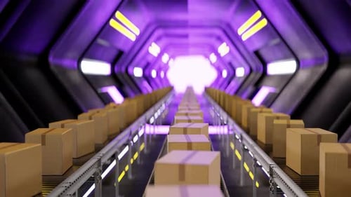 3D-Animationsschleife von Kartons auf einem Fördersystem in einer modernen Fabrik