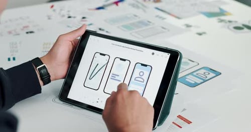 App development, hands and man with tablet, screen, push notification and internet with ui design