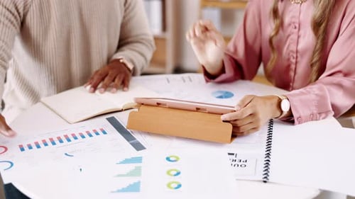 Business people, hands and analytics on tablet for statistics, corporate data