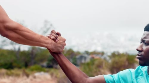 Mountain, help and hands of people for fitness, hiking and exercise for adventure in nature