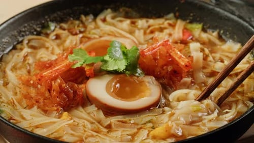 Delicious Noodle Soup with Egg and Kimchi