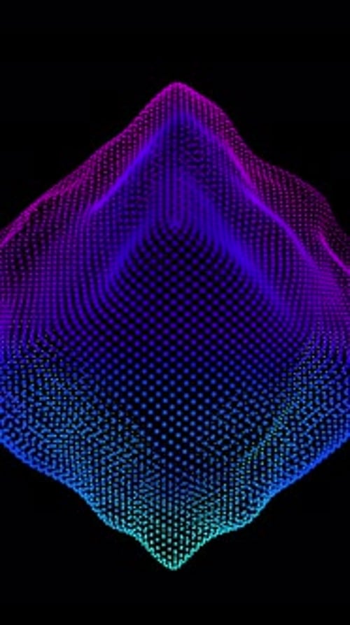 Ondas de distorsión en bucle en un cubo abstracto de partículas, datos digitales, salpicadura de caja, matriz de puntos