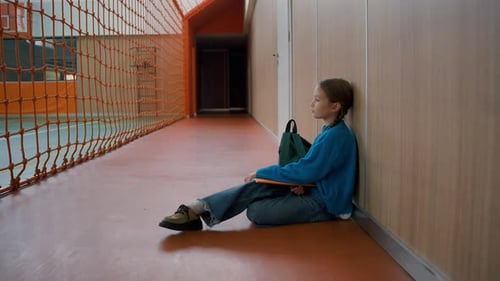 Unhappy Little Girl Sitting Floor Gym Tired Primary School Lesson Schoolgirl Fatigue Weary Child