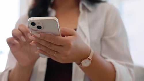 Smartphone in hands of woman, scroll social media and communication with technology and closeup