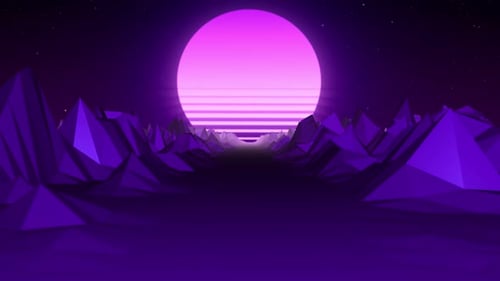 3D retro animation with moving through a purple landscape with glowing sun in the synthwave style
