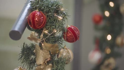 Christmas Light Decorations Sparkling on Stairs, Garland Ornaments with Bokeh, Close-Up, Natural Lig
