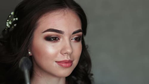 Girl Makeup Artist Applies Powder on the Face of the Model