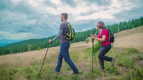 Young hiker couple trekking through the bushy plains amidst beautiful mountains on a cloudy day.