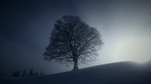 Bare Tree Standing in Snowy Landscape on Gloomy Day