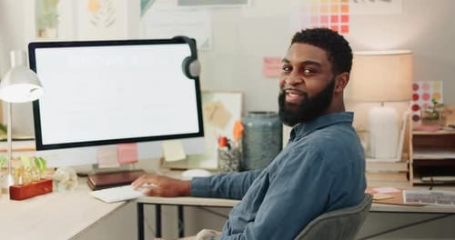 Office, green screen or happy web designer on computer to research software