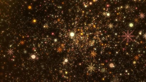 HD Glitzernder goldener Schneeflocken-Hintergrund. Festliche Winterpartikel für Weihnachten und Silvester 2025.