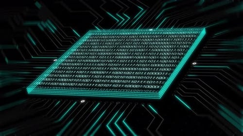 Glowing Teal Binary Code Matrix Scrolling Across Chip In Simulated Research Laboratory Environment